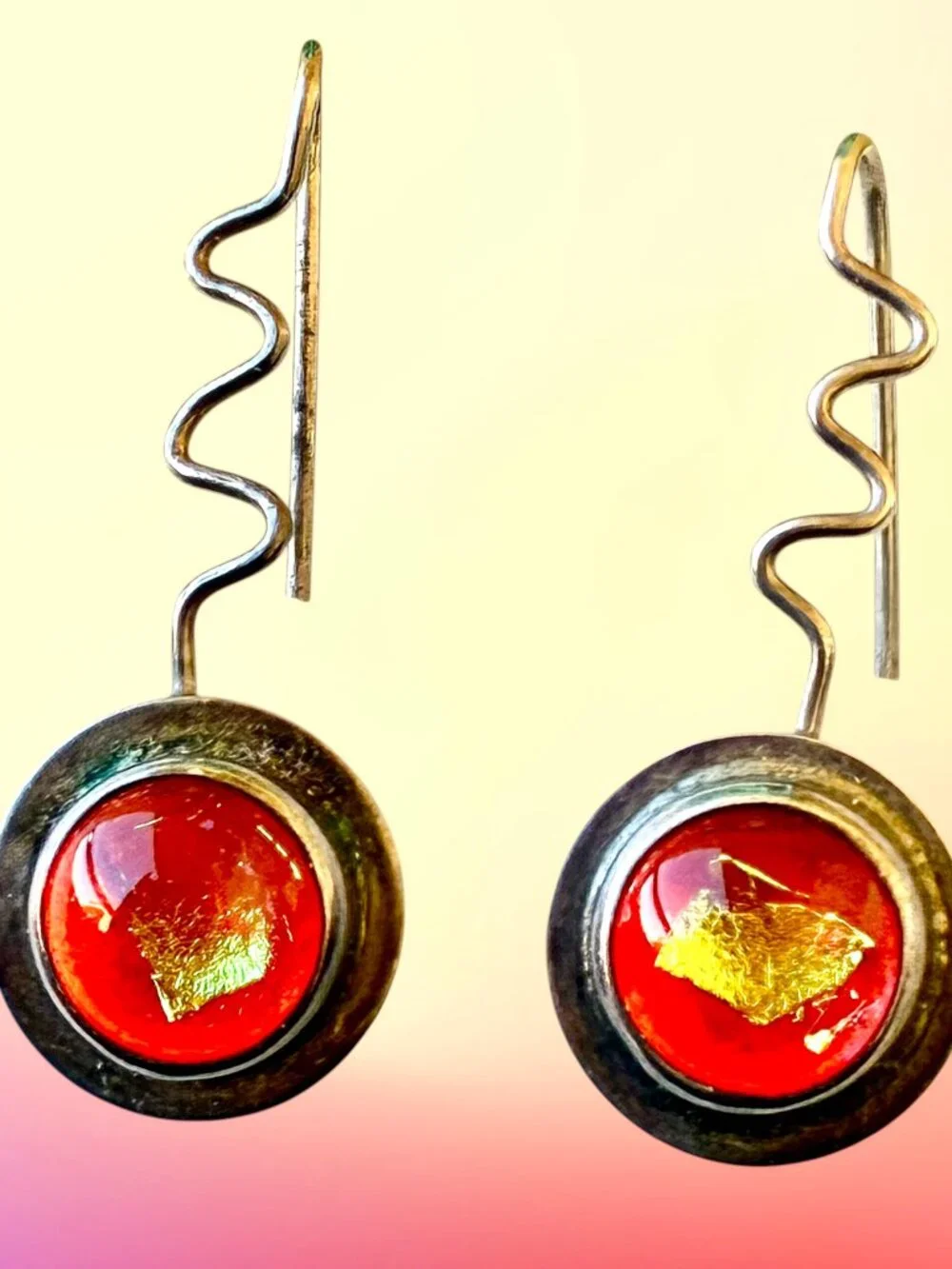 Barbara Sucherman Dichroic Glass Sterling Silver Modernist Drop Pierced Vintage
